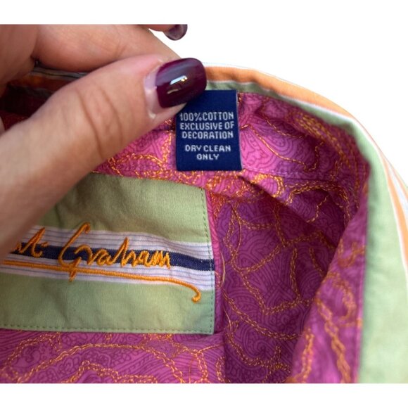 Robert Graham Women's Size 10 Striped Button Down Shirt Green Orange - Picture 11 of 11